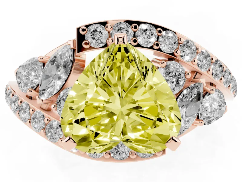 Fancy Yellow Heart Cut Diamond Halo Ring Set in Rose gold with Marquise and Pavé Band in Prong Setting