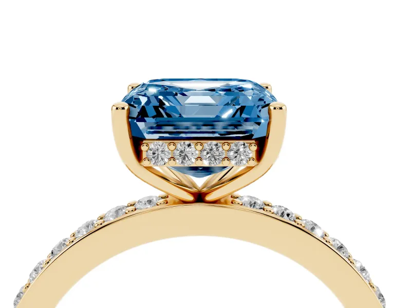 Fancy Blue Asscher Cut Diamond Pavé Band Ring Set in Yellow gold with Prong-Set Center Stone