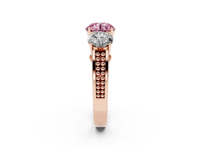 Round Engagement Ring Setting for a Fancy Pink Lab-Grown Diamond | Three Stone | Rose Gold