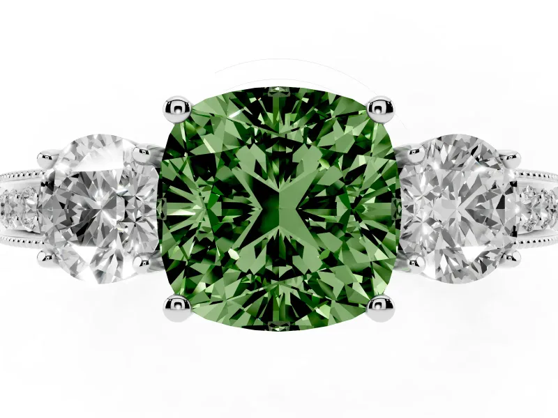 Fancy Green Cushion Cut Diamond Three-Stone Ring Set in Platinum with Round Side Stones and Pavé Band