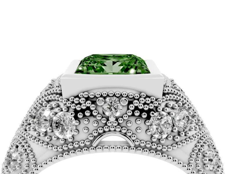 Fancy Green Princess Cut Diamond Bezel Ring Set in Silver with Milgrain Accent Band