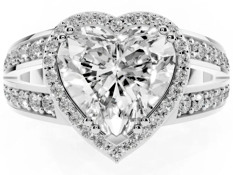 Heart Cut Diamond Halo Ring Set in Silver with Double Pavé Split Shank