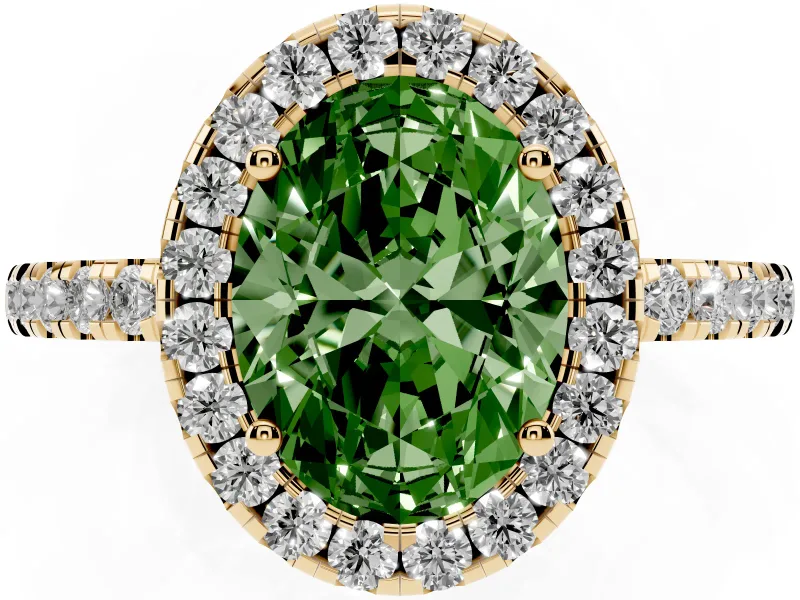 Oval Halo Engagement Ring Setting for a Fancy Green Lab-Grown Diamond | Pavé Band | Yellow Gold