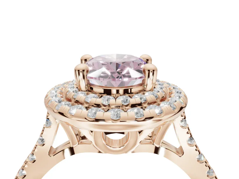 Fancy Pink Oval Lab-Grown Diamond Double Halo Statement Ring Set in Rose Gold with Pavé Band