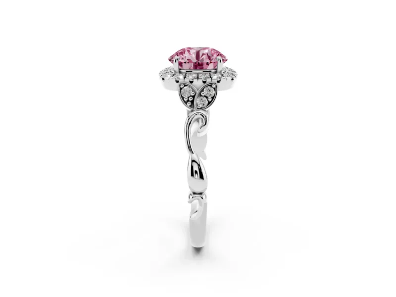 Round Halo Engagement Ring Setting for a Fancy Pink Lab-Grown Diamond | Leaf Shoulders | Platinum