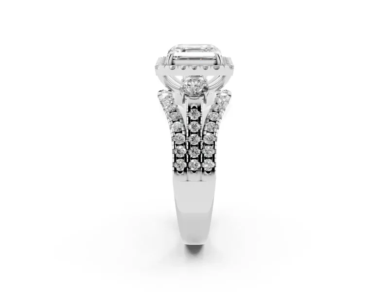 Asscher Cut Halo Split Shank Engagement Ring Setting | Round Side Stones | White Gold