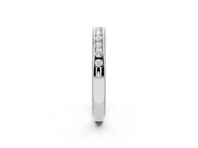Round Diamond Channel Wedding Band Set in White gold with Milgrain Edges