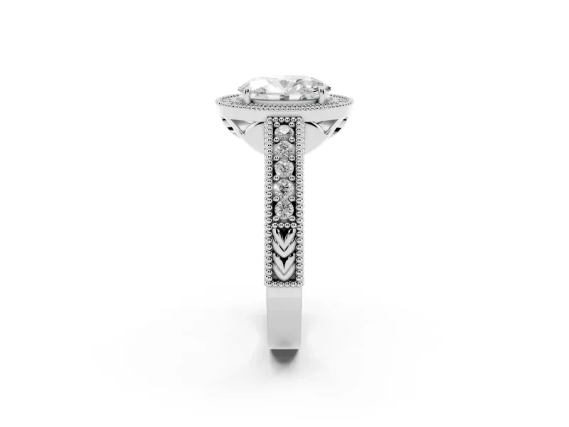 Oval Vintage Milgrain Halo Engagement Ring Setting | Carved Leaf Detail | Sterling Silver