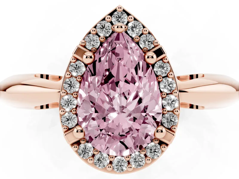 Fancy Pink Pear Cut Diamond Halo Engagement Ring Set in Rose gold with Plain Split Shank and Prong Setting