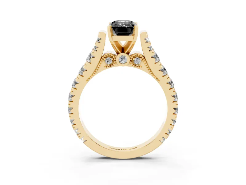 Fancy Black Emerald Cut Diamond Classic Solitaire Ring Set in Yellow gold with Pavé Band and Prong Setting