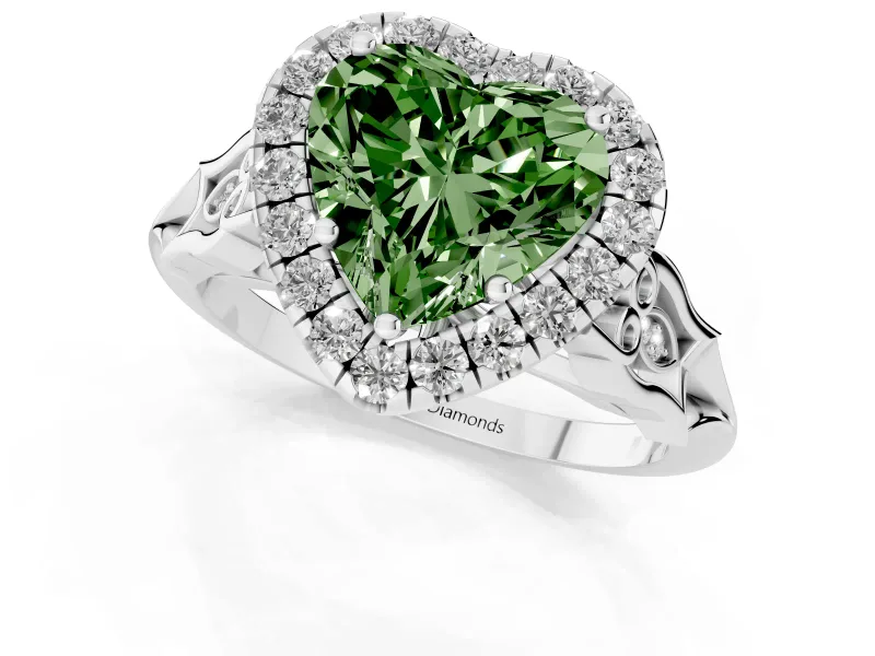 Heart-Shaped Halo Engagement Ring Setting for a Fancy Green Lab-Grown Diamond | Filigree Shoulders | White Gold