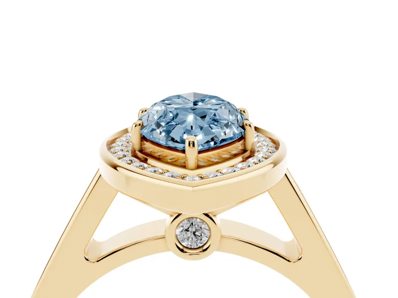 Fancy Blue Marquise Cut Diamond Halo Solitaire Ring Set in Yellow gold with Pavé Band and Bezel Setting