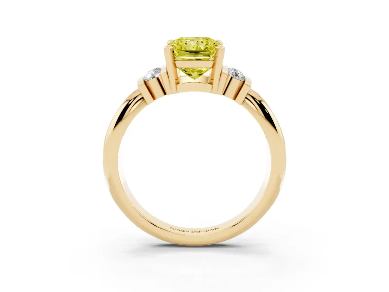 Fancy Yellow Three-Stone Radiant Cut Diamond Channel Set Ring Set in Yellow gold with Bar Prongs