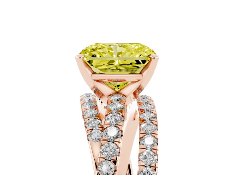 Fancy Yellow Radiant Cut Diamond Solitaire Twist Band Ring Set in Rose gold with Pavé Setting and Prong Head