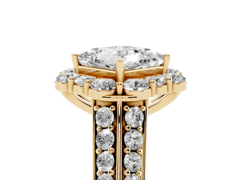 Princess Cut Large Accent Halo Engagement Ring Setting | Graduated Pavé | Yellow Gold