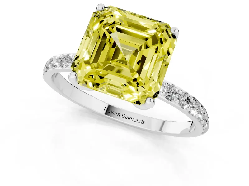 Asscher Cut Pave Solitaire Engagement Ring Setting for a Fancy Yellow Lab-Grown Diamond | Slim Band | Sterling Silver