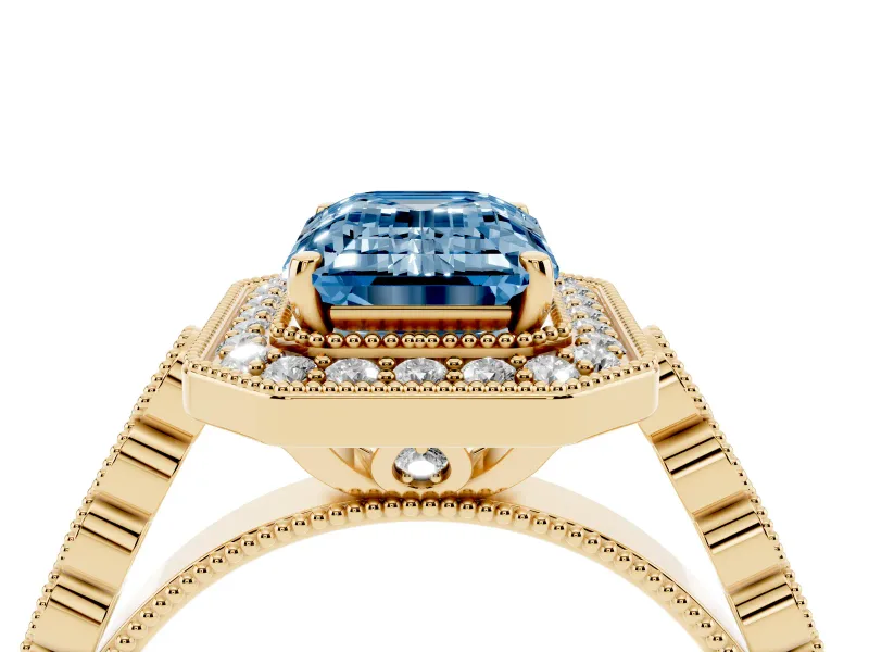 Emerald Cut Graduated Milgrain Halo Engagement Ring Setting for a Fancy Blue Lab-Grown Diamond | Yellow Gold