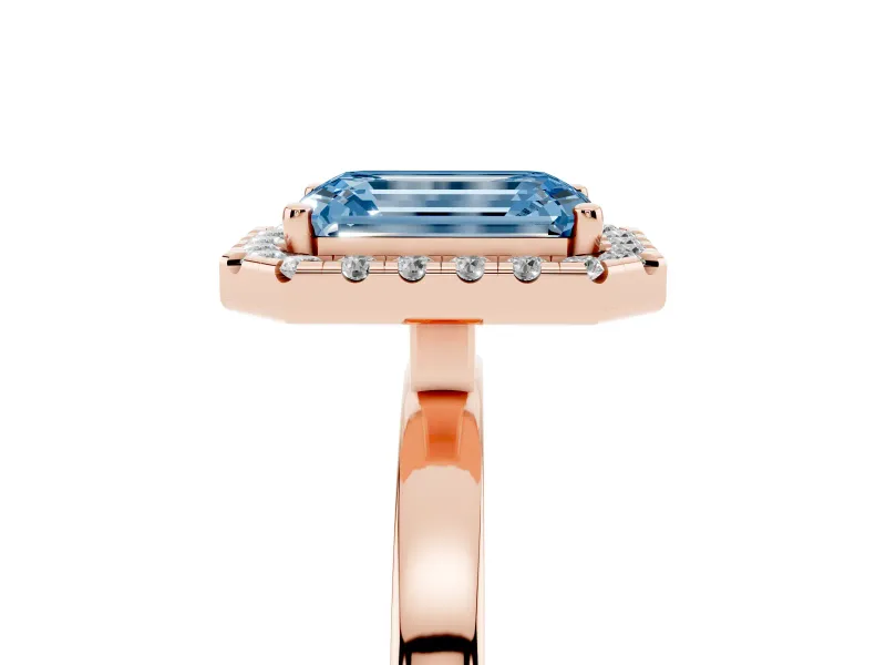 Emerald Cut Thin Halo Engagement Ring Setting for a Fancy Blue Lab-Grown Diamond | Plain Polished Band | Rose Gold