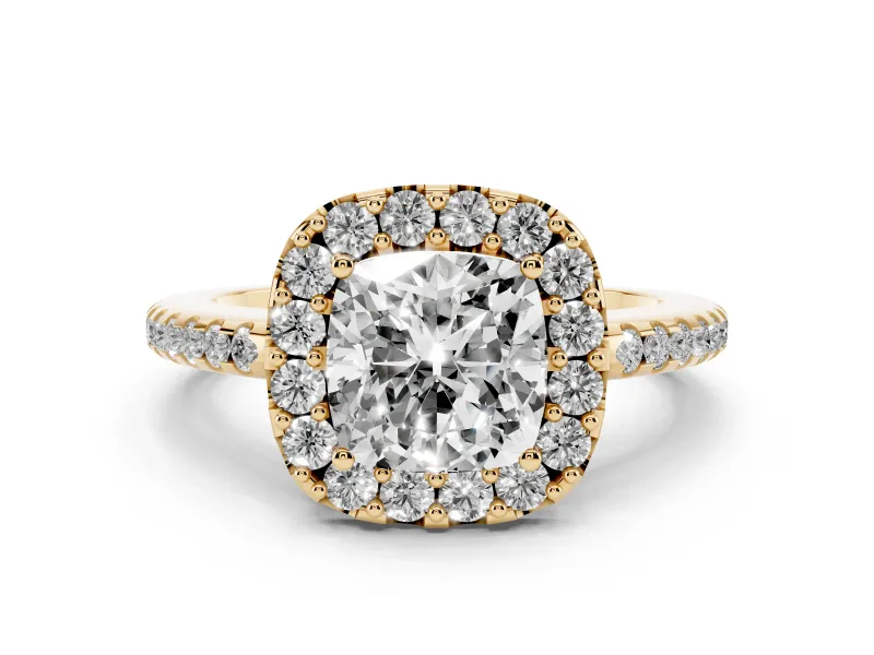 Cushion Cut Diamond Pavé Halo Ring Set in Yellow gold with Prong Setting