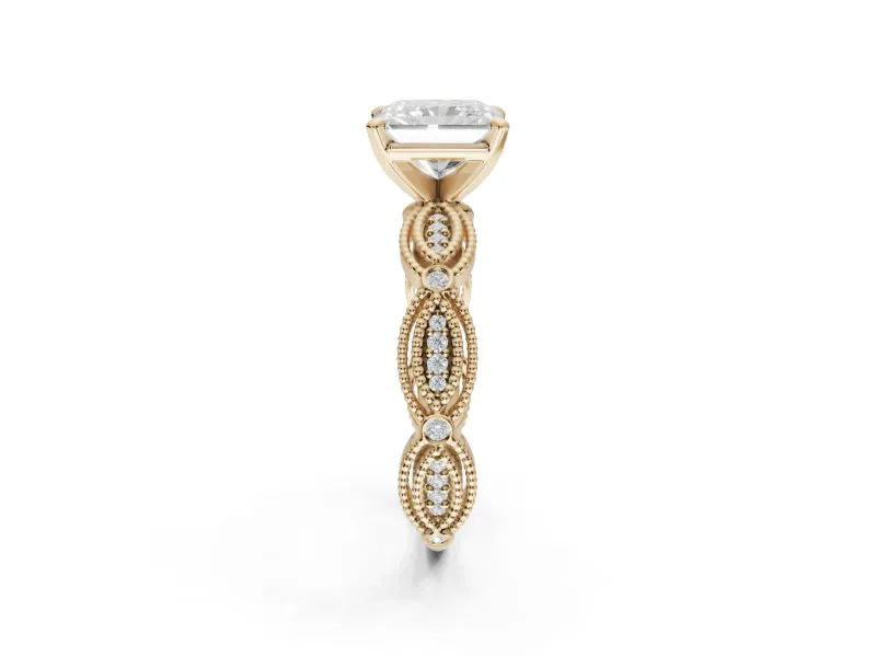 Radiant Cut Vintage Milgrain Engagement Ring Setting | Graduated Stations | Yellow Gold