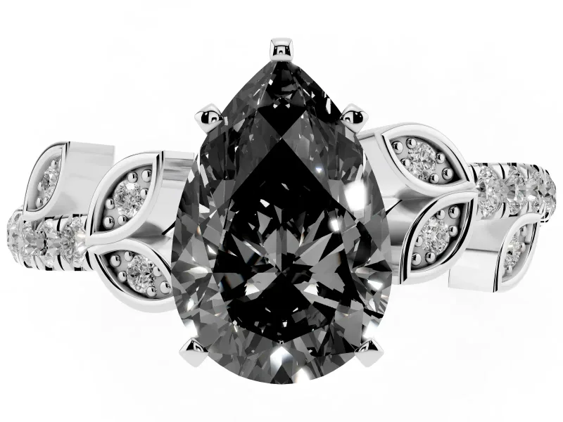 Fancy Black Pear Cut Diamond Solitaire Leaf-Inspired Ring Set in Silver with Pavé Band and Prong Setting