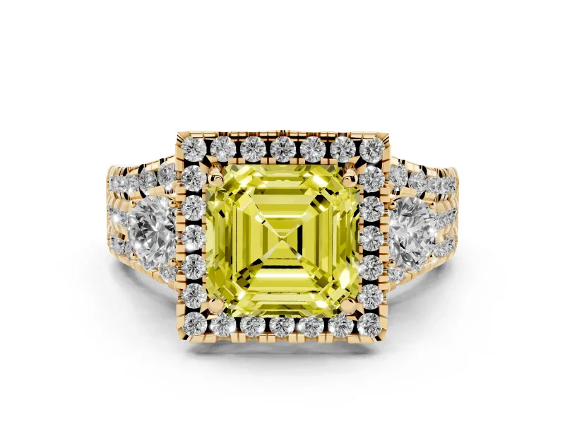 Fancy Yellow Asscher Cut Diamond Halo Split Shank Ring Set in Yellow gold with Round Accent Stones and Prong Setting