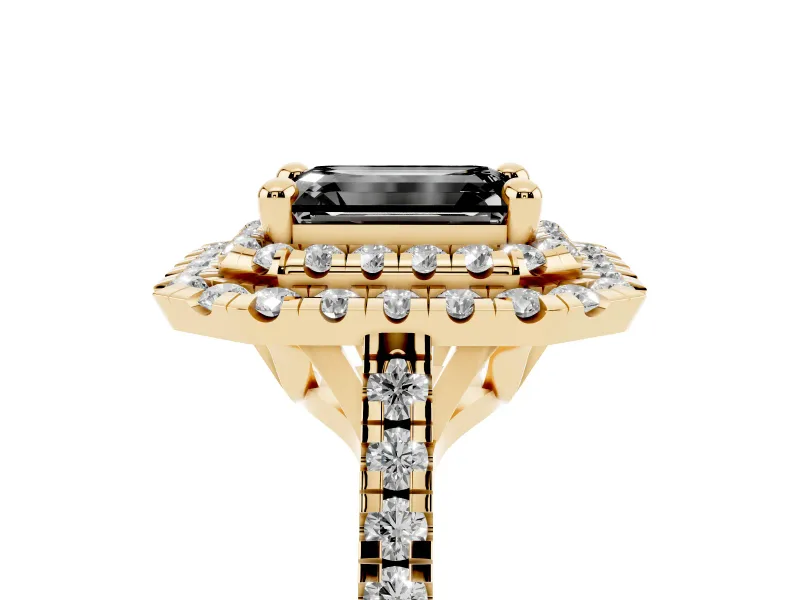 Emerald Cut Double Halo Engagement Ring Setting for a Black Center | Pavé Shoulders | Yellow Gold