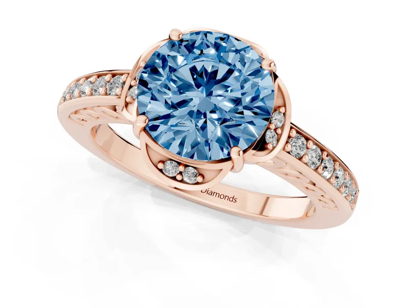 Round Floral Pavé Engagement Ring Setting for a Fancy Blue Lab-Grown Diamond | Rose Gold