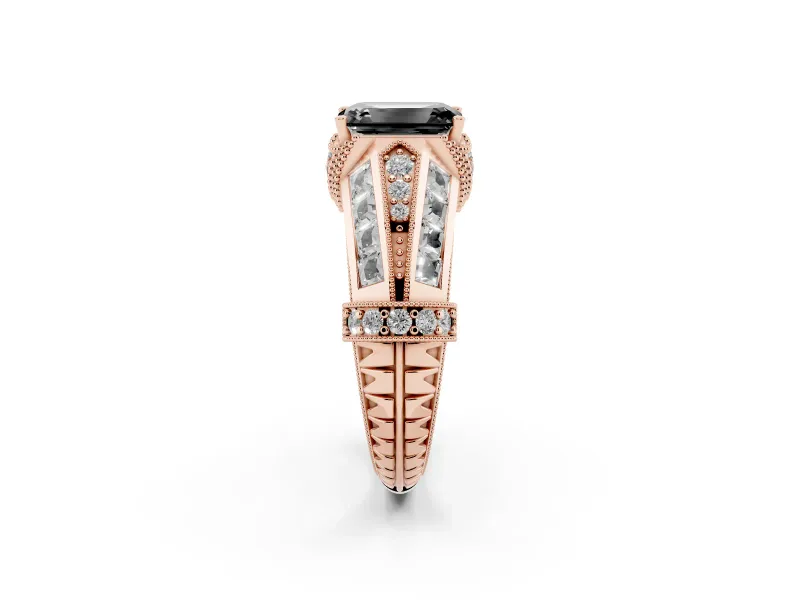 Fancy Black Emerald Cut Diamond Vintage-Inspired Milgrain Ring Set in Rose gold with Accent Split Shank