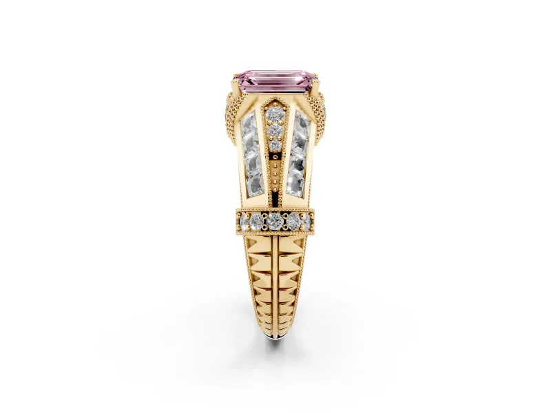 Fancy Pink Emerald Cut Diamond Vintage-Inspired Milgrain Ring Set in Yellow gold with Accent Split Shank