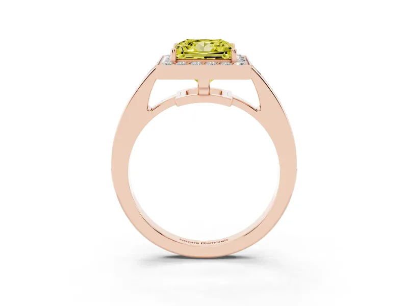 Fancy Yellow Princess Cut Diamond Halo Pavé Engagement Ring Set in Rose gold with Bezel Setting