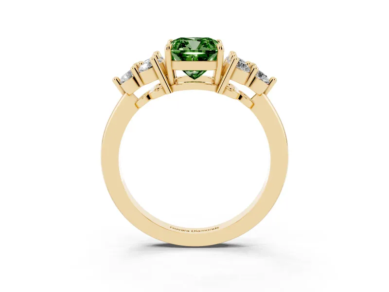 Cushion Cut Cluster Side Stone Engagement Ring Setting for a Fancy Green Lab-Grown Diamond | Plain Band | Yellow Gold