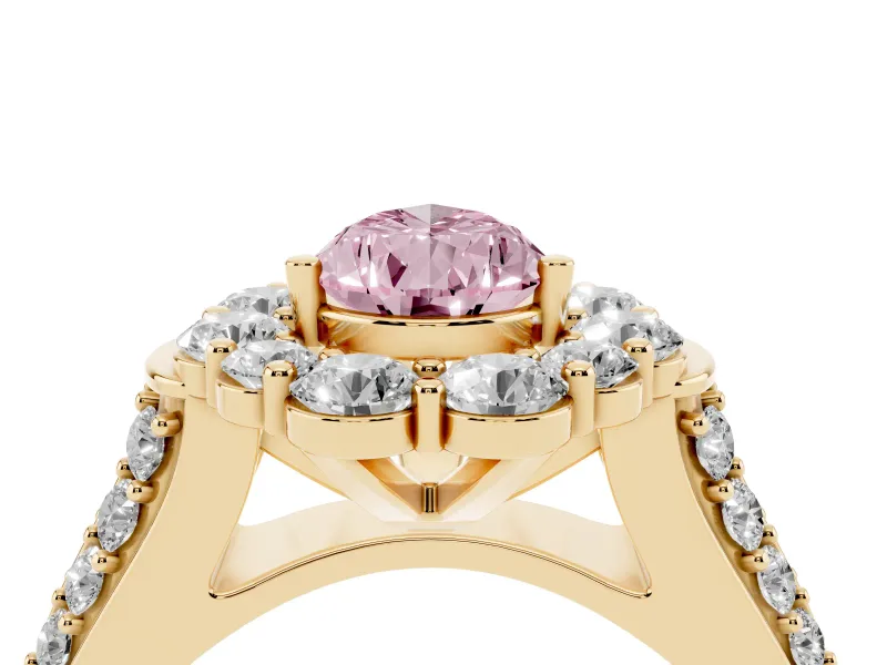 Fancy Pink Pear Cut Diamond Halo Engagement Ring Set in Yellow gold with Split Shank and Prong Setting