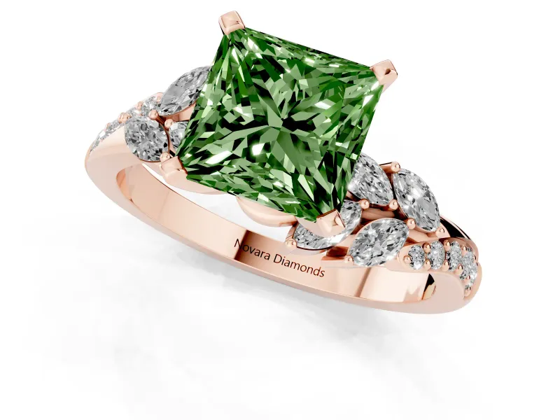 Fancy Green Princess Cut Diamond Solitaire Ring Set in Rose gold with Marquise Twist Band and Prong Setting