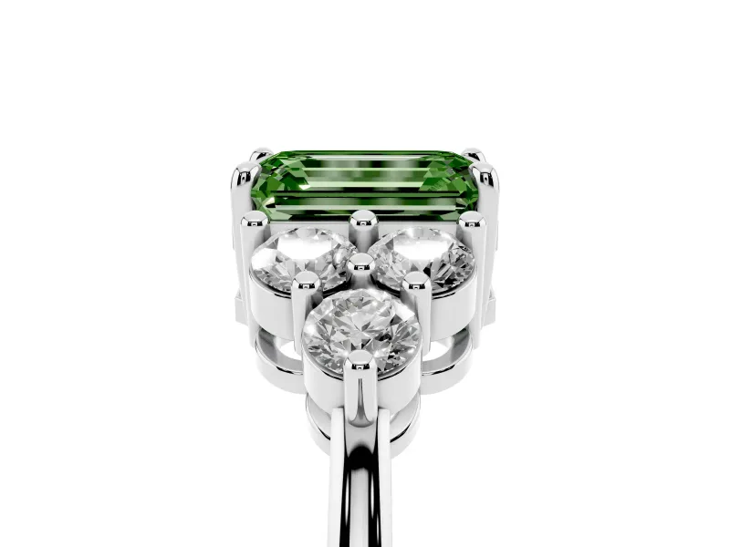 Fancy Green Emerald Cut Diamond Solitaire Ring Set in Platinum with Cluster Accents on Each Side