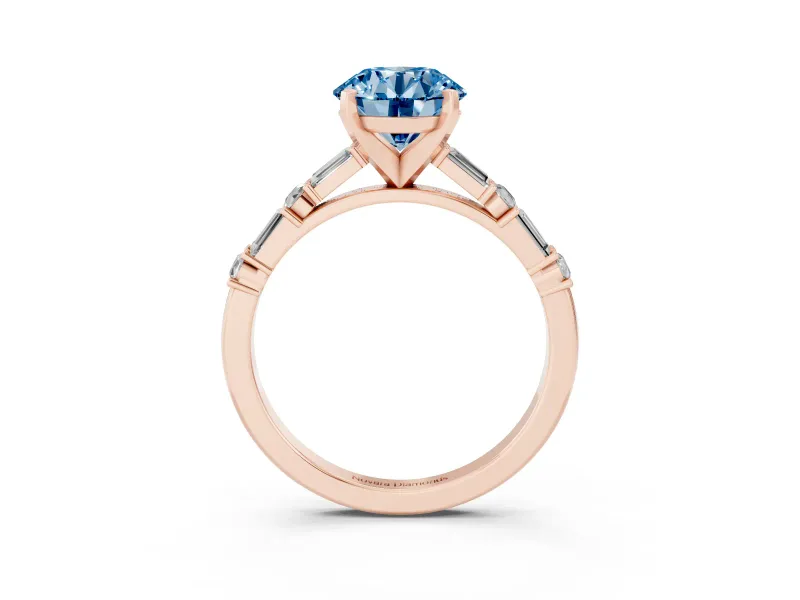 Round Baguette Side Stone Engagement Ring Setting for a Fancy Blue Lab-Grown Diamond | Rose Gold