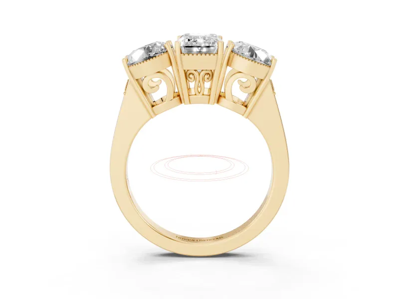 Emerald Cut Vintage Three Stone Engagement Ring Setting | Milgrain Baskets | Yellow Gold