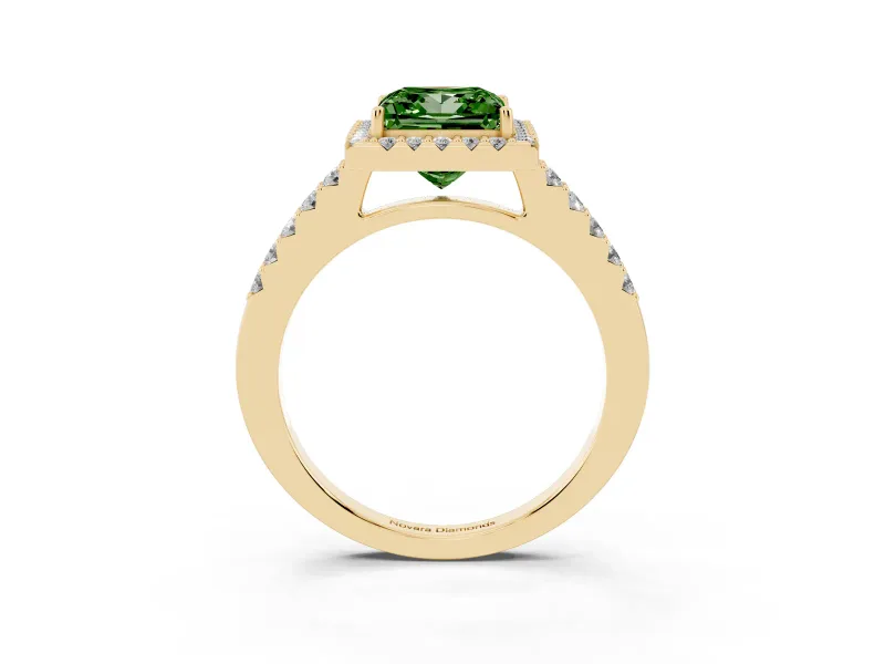Princess Cut Halo Engagement Ring Setting for a Fancy Green Lab-Grown Diamond | Single Row Pavé Band | Yellow Gold