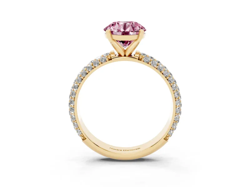 Fancy Pink Round Cut Diamond Solitaire Ring Set in Yellow gold with Prong Setting and Pavé-Set Band