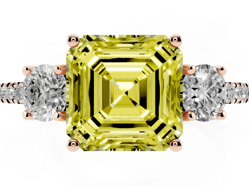Asscher Cut Three Stone Engagement Ring Setting for a Fancy Yellow Lab-Grown Diamond | Pave Shoulders | Rose Gold