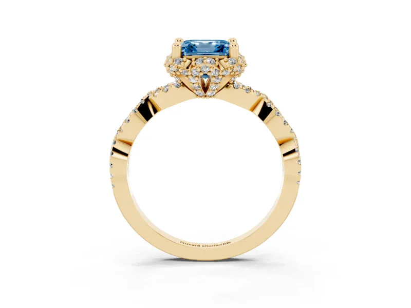Fancy Blue Asscher Cut Diamond Halo Twist Band Solitaire Ring Set in Yellow gold with Prong-Set Center Stone