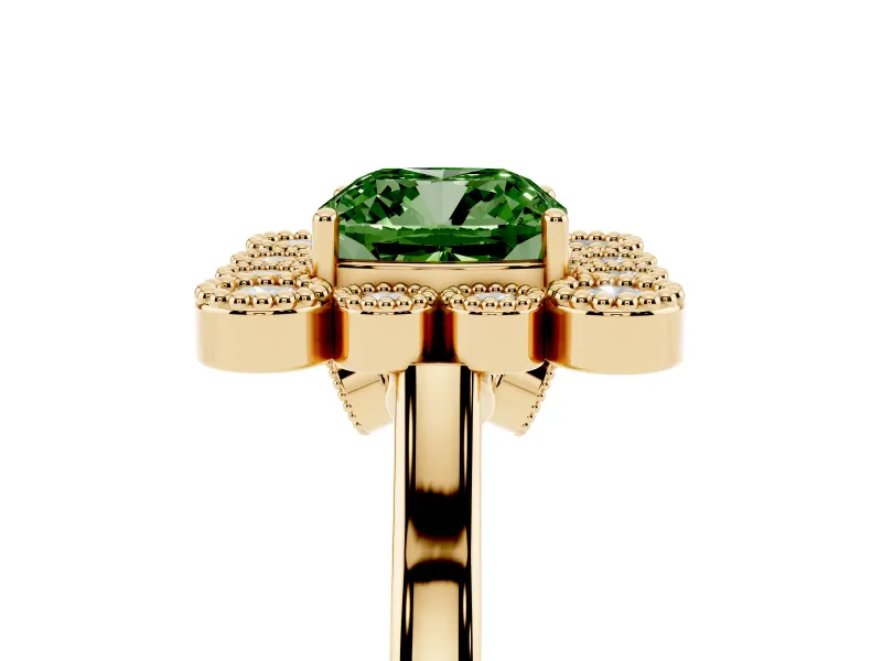 Cushion Cut Milgrain Cluster Halo Engagement Ring Setting for a Fancy Green Lab-Grown Diamond | Plain Band | Yellow Gold