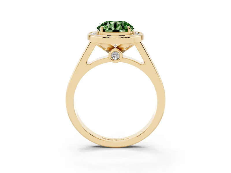 Fancy Green Round Cut Diamond Halo Solitaire Ring Set in Yellow gold with Pavé Band and Bezel Setting