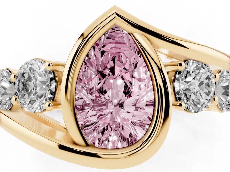 Fancy Pink Pear Cut Diamond Bezel Bypass Ring Set in Yellow gold with Round Accents