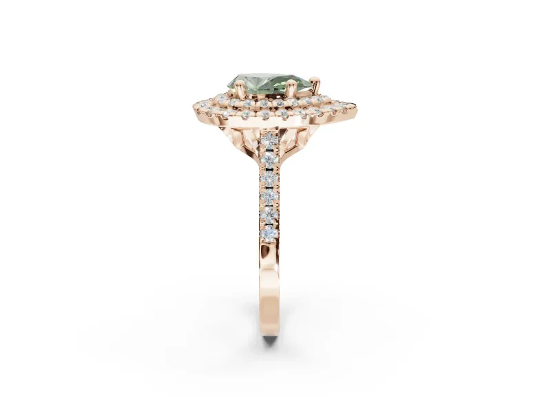 Pear-Shaped Double Halo Engagement Ring Setting for a Fancy Green Lab-Grown Diamond | Rose Gold