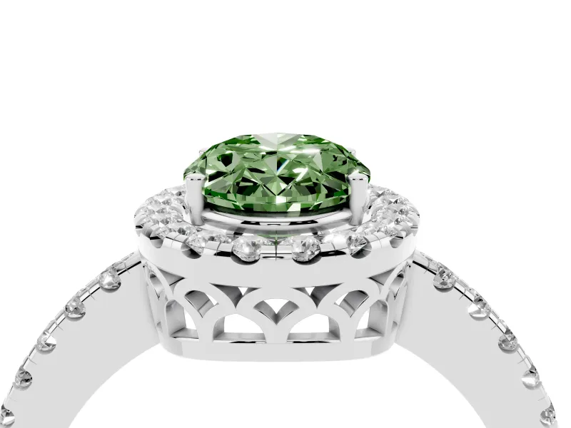 Fancy Green Oval Cut Diamond Pavé Band Halo Engagement Ring Set in Platinum with Prong Setting