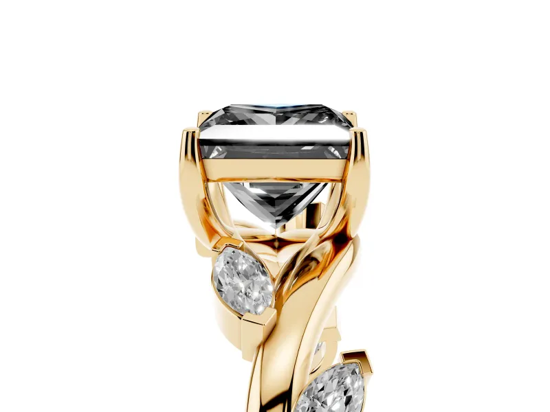 Princess Cut Twisted Vine Engagement Ring Setting for a Black Center | Marquise Leaves | Yellow Gold