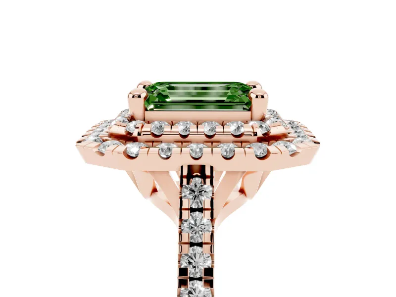 Fancy Green Emerald Cut Diamond Double Halo Statement Ring Set in Rose gold with Pavé Band