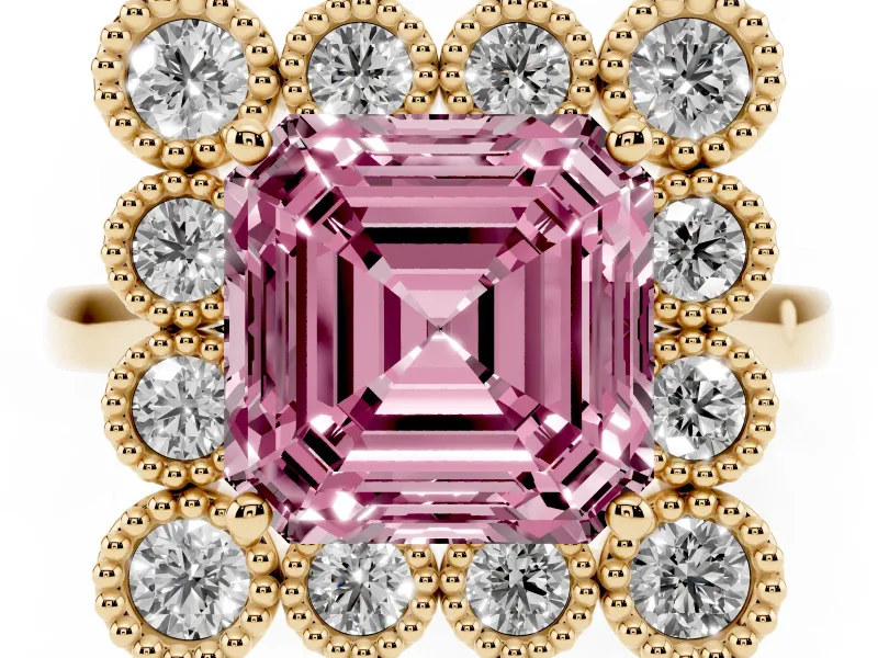 Asscher Cut Milgrain Cluster Halo Engagement Ring Setting for a Fancy Pink Lab-Grown Diamond | Plain Band | Yellow Gold