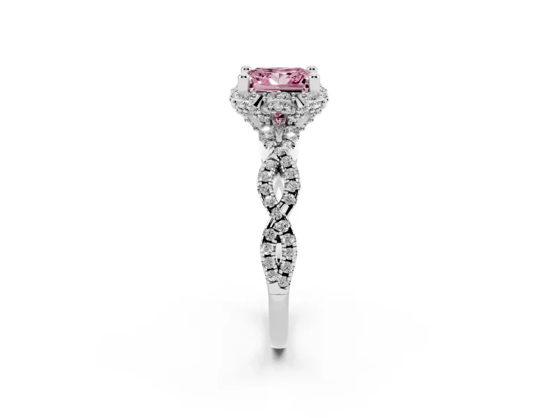 Princess Cut Milgrain Halo Engagement Ring Setting for a Fancy Pink Lab-Grown Diamond | Graduated Shoulders | White Gold